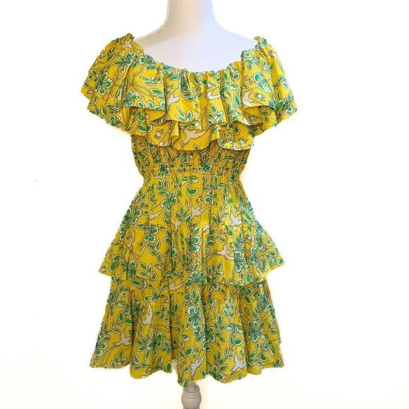 Rhode Dotty Off-The-Shoulder Yellow Eden Floral-Print Cotton Mini Dress Small - Picture 2 of 10
